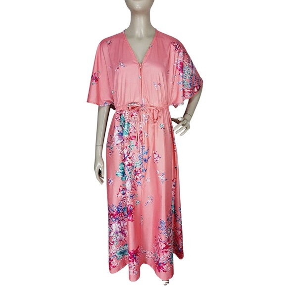 VTG 60s Pink Floral Bohemian Flutter Sleeve Zip-Front Hostess Muumuu House Dress - Picture 1 of 9